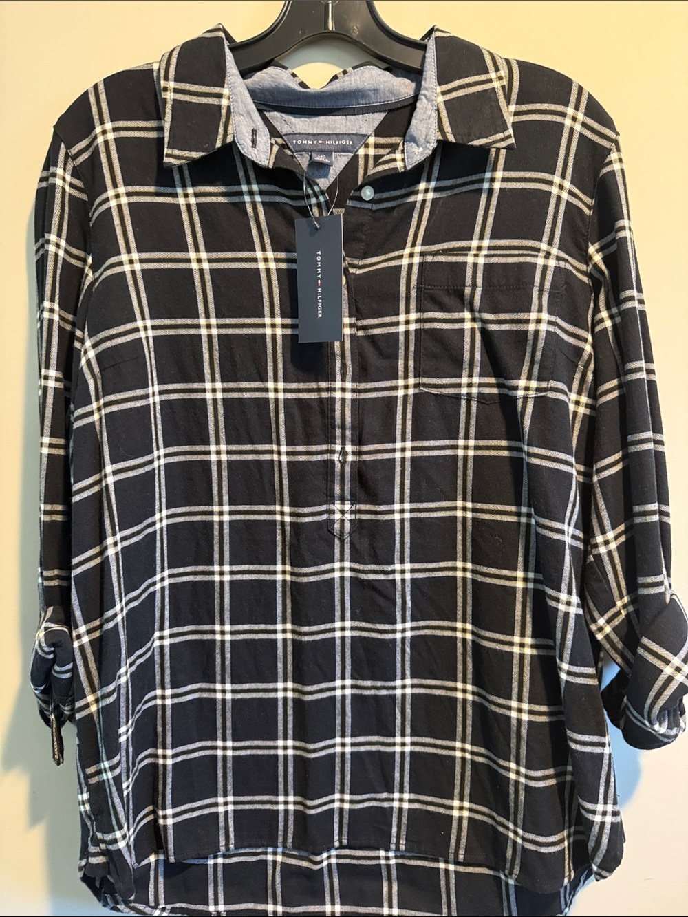 Tommy Hilfiger Black and White Plaid 3/4 Button-Down Women's Shirt